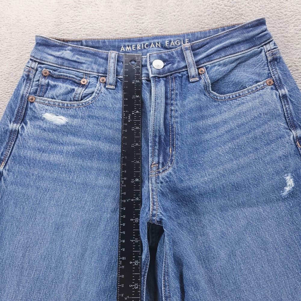 American Eagle Jeans 2 X Short Blue Super High Rise Baggy Wide Leg Distressed - Picture 7 of 10